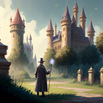身穿魔法袍的学园手拿魔法杖站在城堡的远处