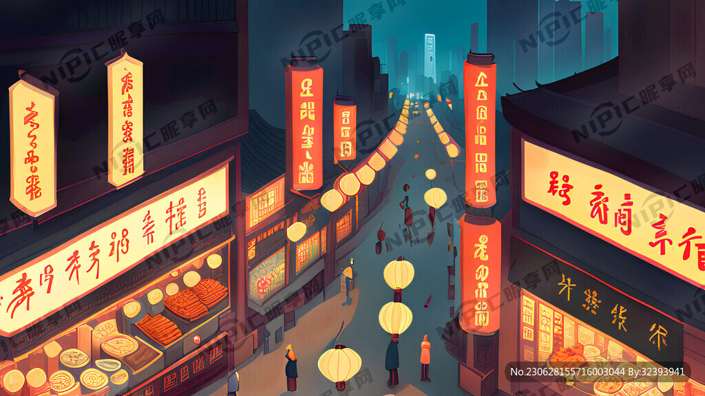 鸟瞰长安夜市人物繁华街道