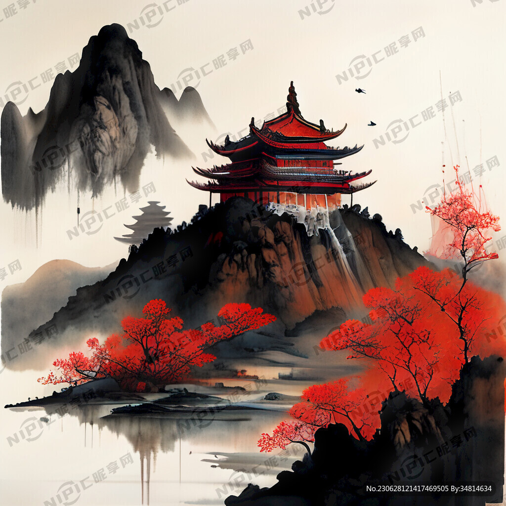 新中式山水或花鸟背景 故宫红