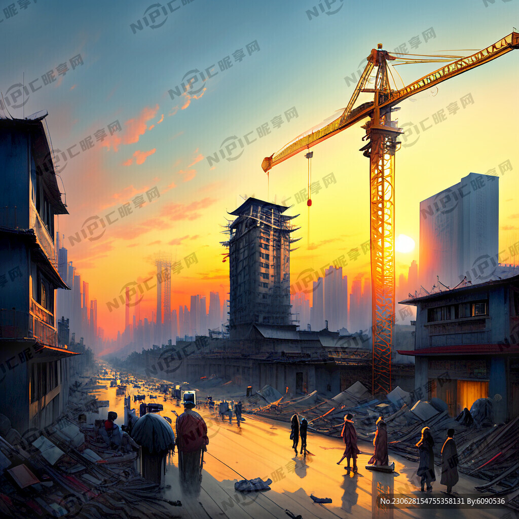 繁忙的建筑工地 日出 写实