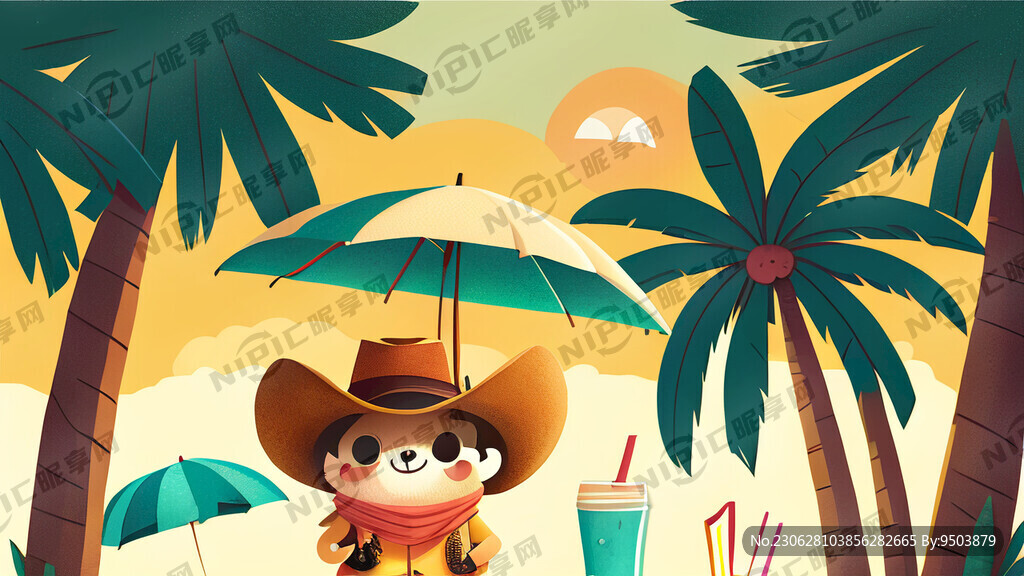 可爱插画 芯仔 夏日海滩 椰树