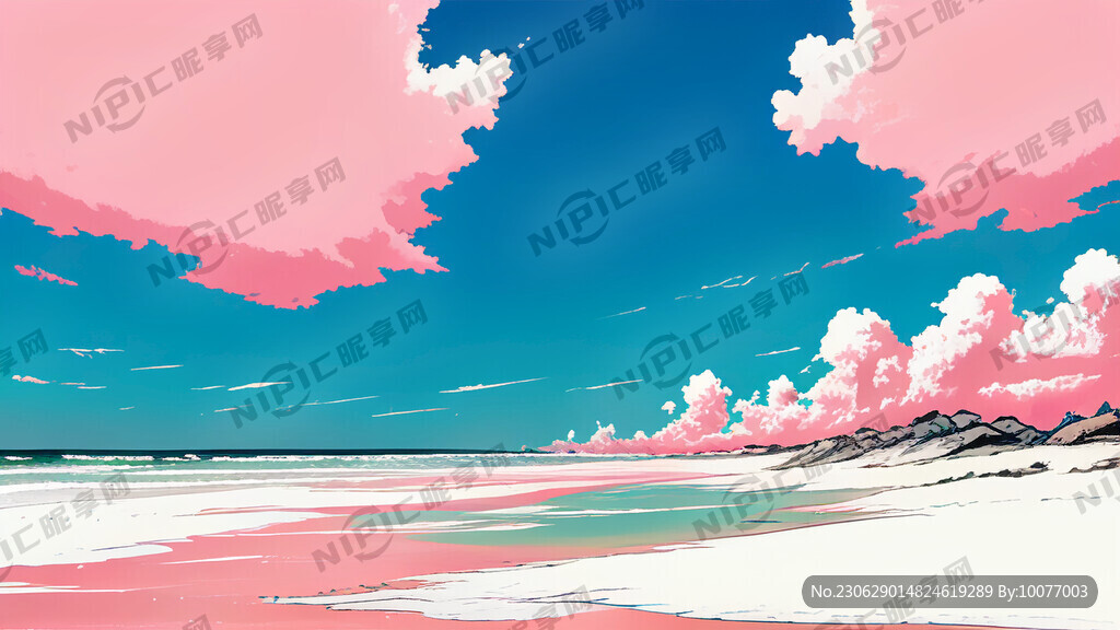 漫画粉色沙滩 蓝天白云