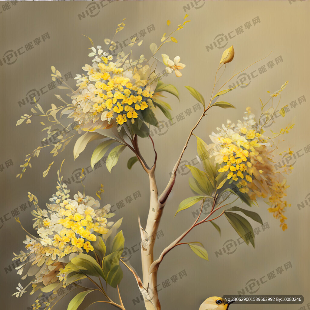 油画 三棵树 小碎花 小鸟