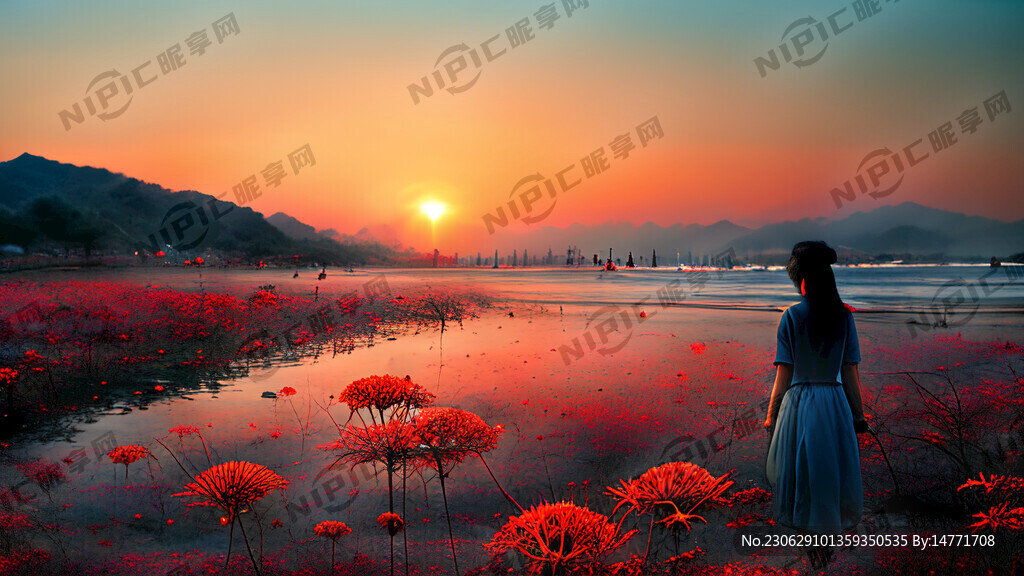 夕阳 彼岸花花海 浪漫 梦幻