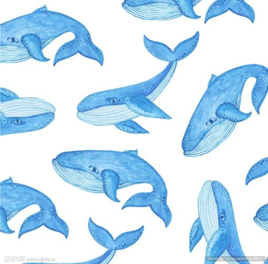 手绘彩绘数码印花无缝拼接鲸鱼