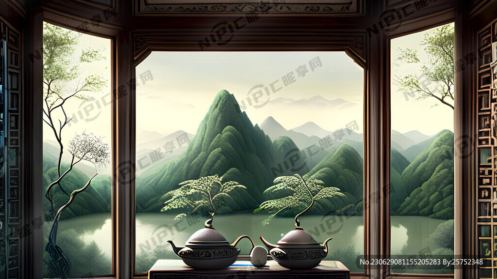 中国风房间 雕花窗 茶几 茶具
