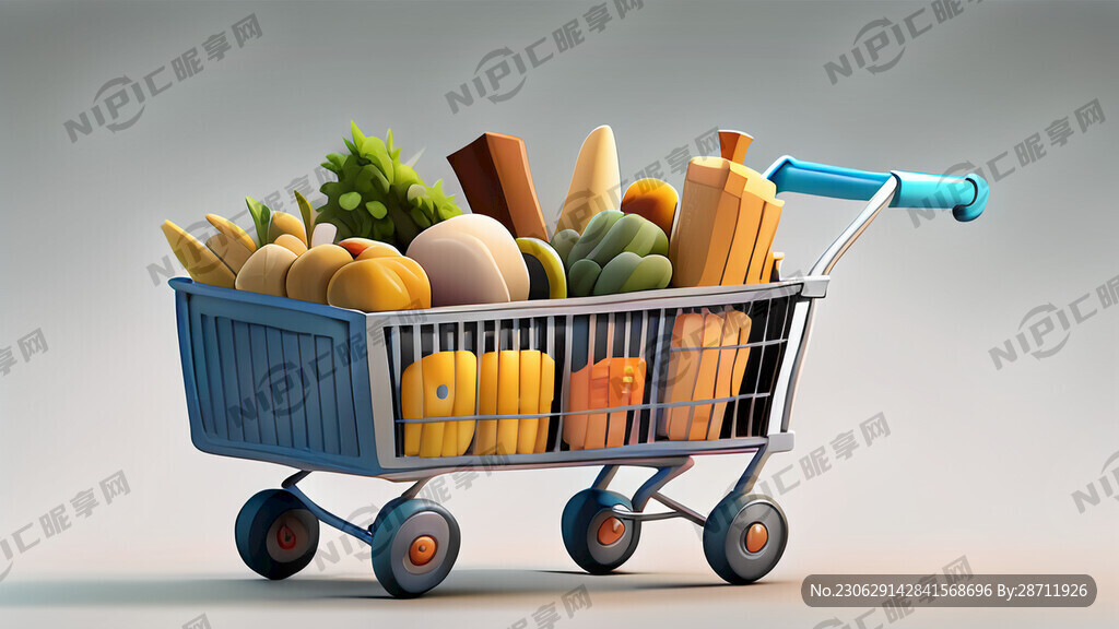 白底 放满产品购物车 卡通
