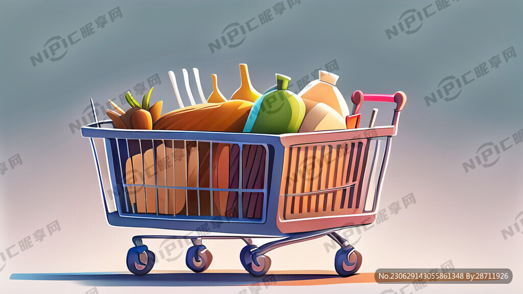 白底背景 放满产品购物车 卡通