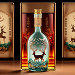 酒瓶设计，透明玻璃酒瓶，酒包装设计，飞天鹿，酒名乡见鹿夫，高清，中国风。