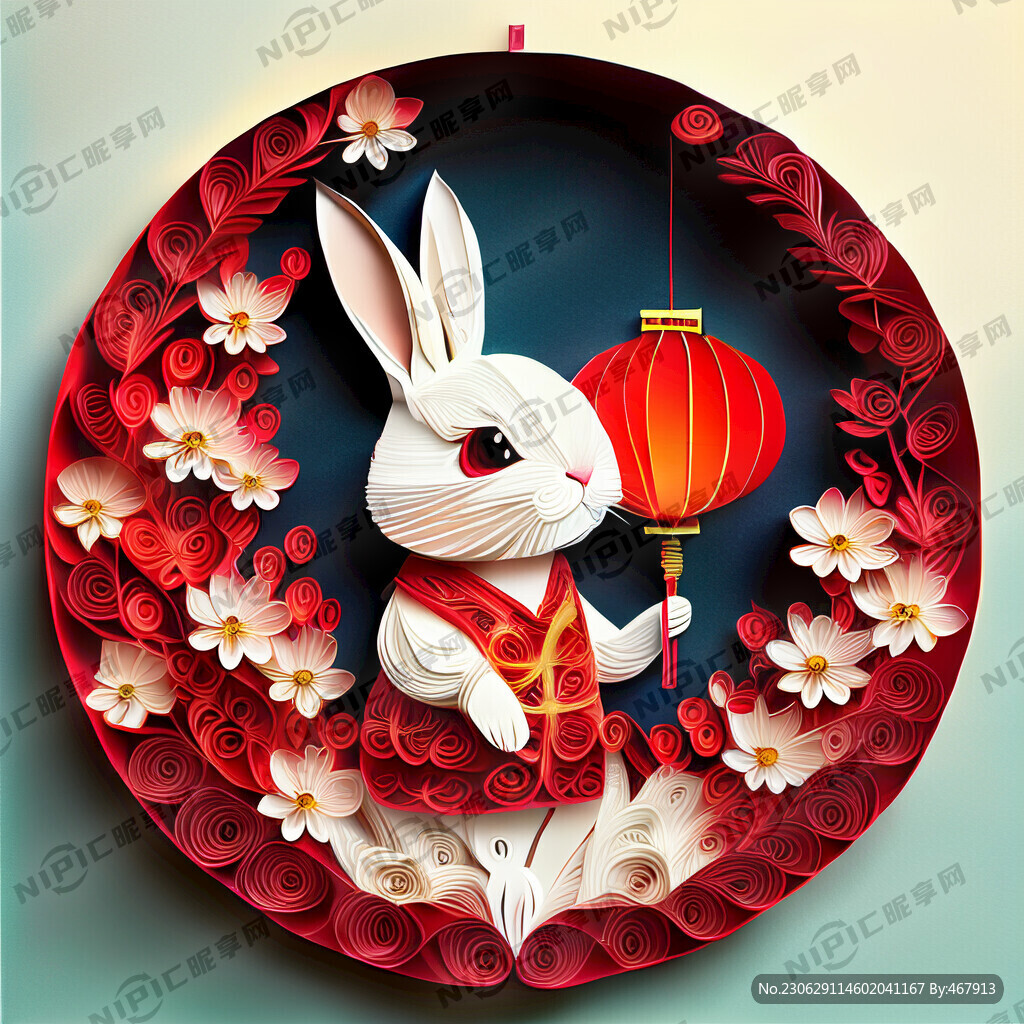 衍纸艺术 春节 可爱兔子 红梅