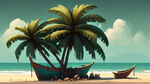 椰树，海边，船