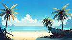 椰树，海边，搁浅的船，一望无垠，蓝天，阳光明媚