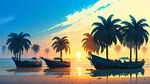 六棵椰树，海边，搁浅的新船，一望无垠，蓝天，阳光明媚，太阳