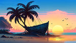 椰树，海边，搁浅的新船，一望无垠，蓝天，阳光明媚，太阳