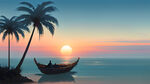 椰树，船，早上，太阳，一望无涯的海边，蓝天白云