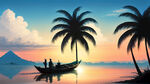 椰树，船，早上，太阳，一望无涯的海边，蓝天白云，夏天，阳光明媚