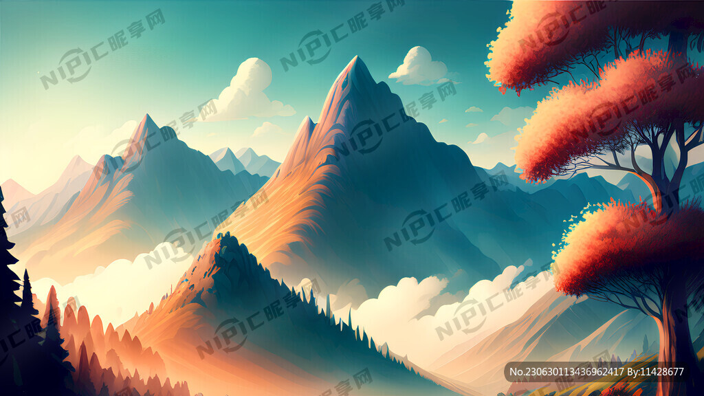 画一张仙境的插画 以高山为背景