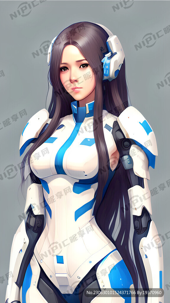 长发美女穿着蓝白色机械风服饰