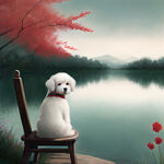 一只头戴红花的白色小狗，旁边一个女孩，坐在湖边的椅子上