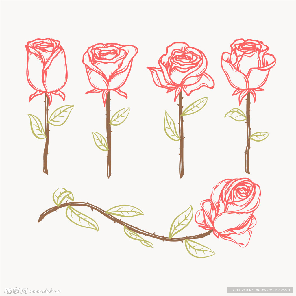 5款手绘玫瑰花线稿图