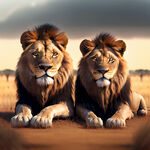 非洲草原上的一对狮子，抬头，眼睛看前方，趴着