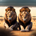 非洲草原上一对狮子,蹲着,昂着头眼睛看前方