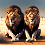 非洲草原上一对雄狮狮子,蹲着,昂着头，眼睛看前方，很霸气