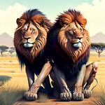 非洲草原上一对雄狮,蹲着,昂着头,眼睛看前方，这画是挂在家里，招财辟邪用，像银行门口的狮子的作用