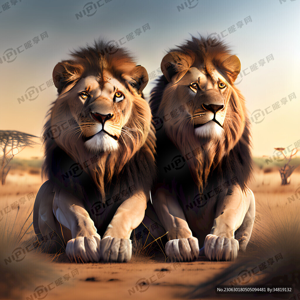 非洲草原上一对狮子 抬头 蹲着