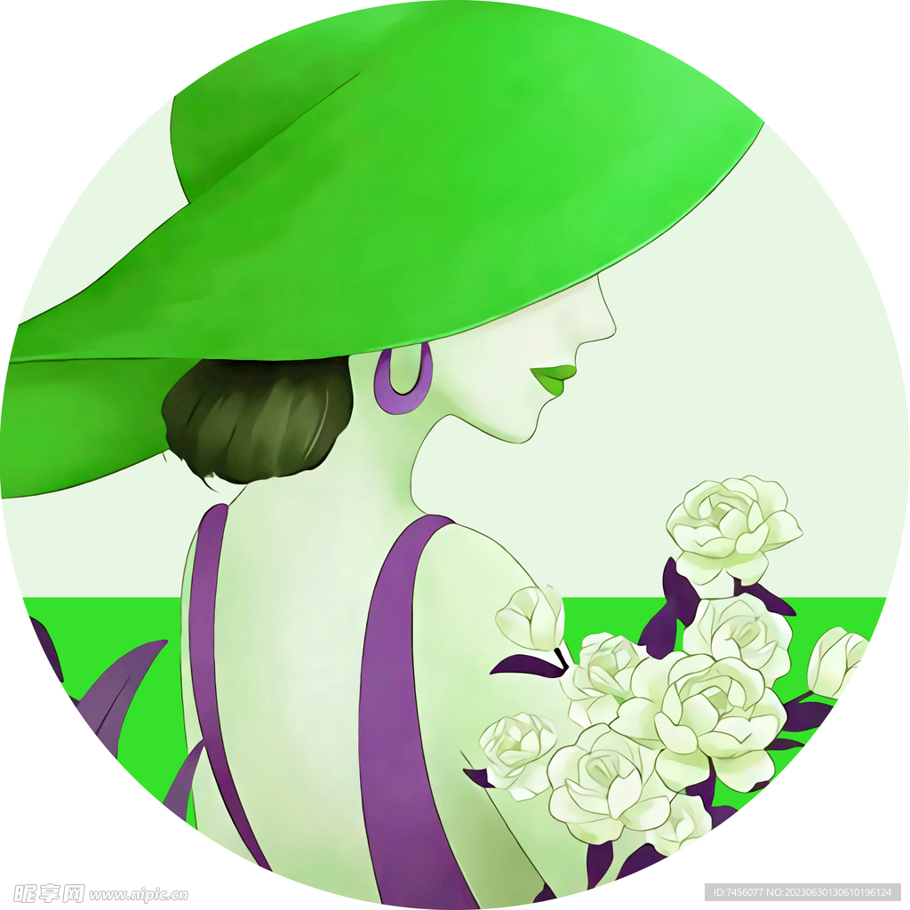 绿帽子时尚美女圆形挂画装饰画