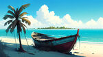 椰树，海边，搁浅的船，一望无垠，蓝天，阳光明媚