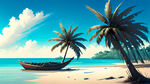 椰树在两侧，海边，搁浅在海滩的船，一望无垠，蓝天，阳光明媚