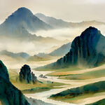 草原，山谷，中国风，中国画，山水，丹青风格，工笔，意境，高雅，高清，仙风道骨。