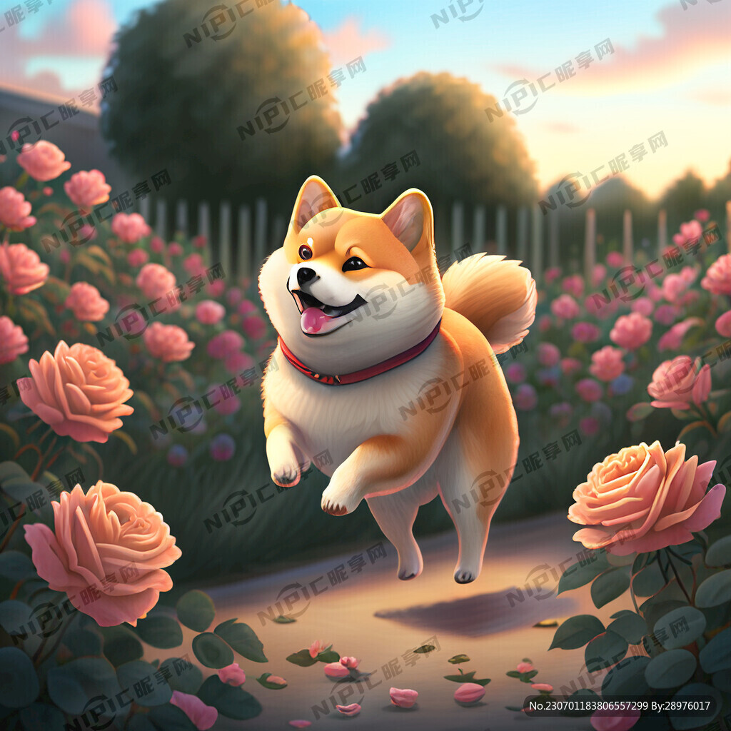 一只年迈的柴犬 黄昏 玫瑰花园