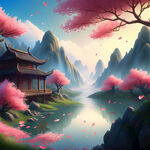 游戏梦幻唯美新中式风景，超高清，细节刻画，沐浴在花瓣里满天花瓣，飘渺电影般环境，明亮清晰，男士