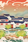 婺源建筑设计国潮中国风手绘