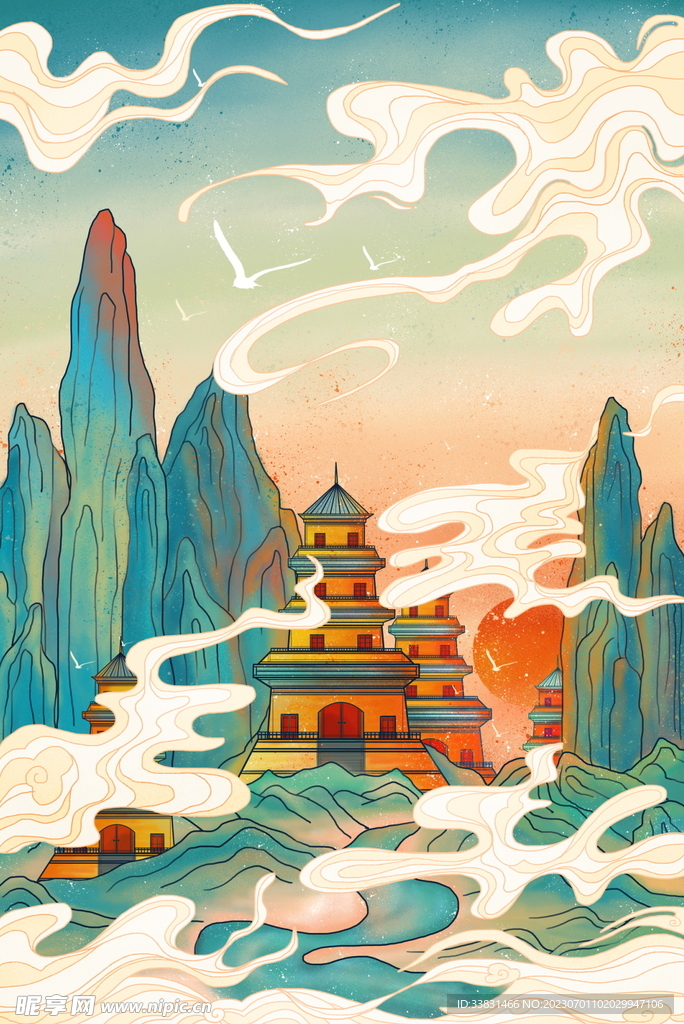 石林风格建筑设计国潮中国风手绘