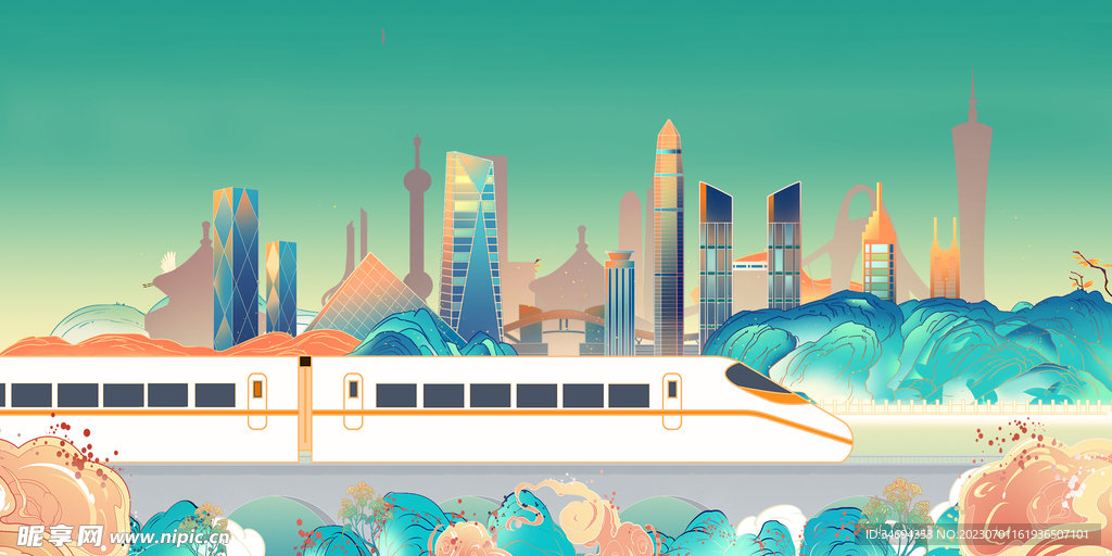 国潮城市动车插画