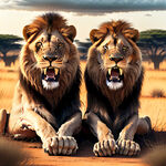 非洲草原上坐着两只狮子,公狮左边张开嘴，母狮在右边合着嘴，前脚支撑起来，眼睛看，看照片的人