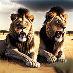 非洲草原上，坐着一公一母两只狮子,公狮左边张开嘴，母狮在右边合着嘴，前脚支撑起来，眼睛看，看照片的人，天气睛朗，公狮左边张开嘴，母狮在右边合着嘴