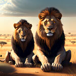 非洲草原上，坐着一对狮子，眼睛正视前方