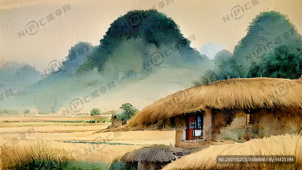 中国古代村庄 茅草房前有田地
