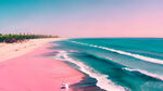 粉色沙滩，平坦海岸，少量椰树，浪花，海鸥，清爽夏日，鸟瞰图