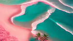 粉色沙滩，平坦海岸，少量椰树，浪花，清爽夏日，鸟瞰图