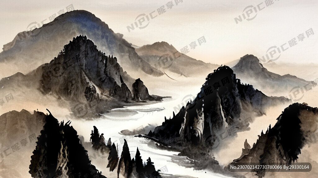水墨画国风山川河流有动物