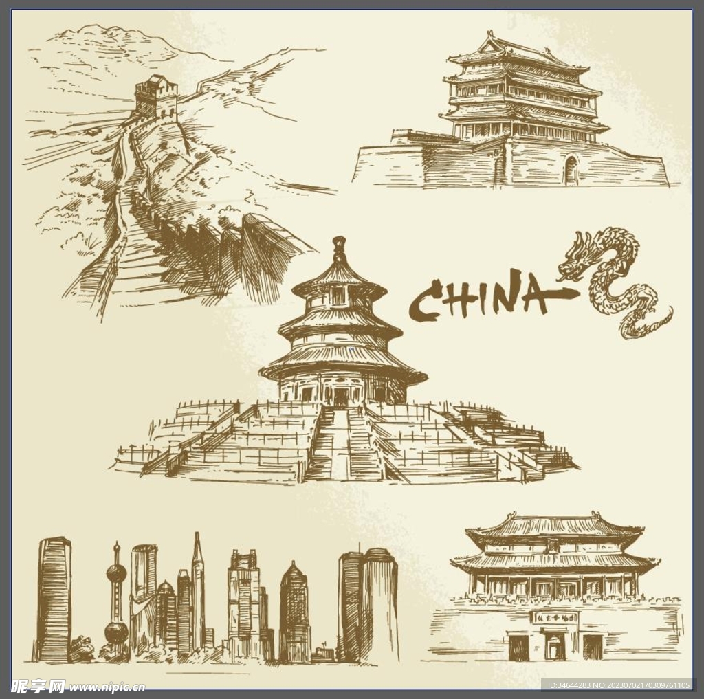 中国风手绘建筑矢量图