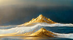 大海面上有一座金色的山，金光闪闪，海浪雪白，海水蓝色