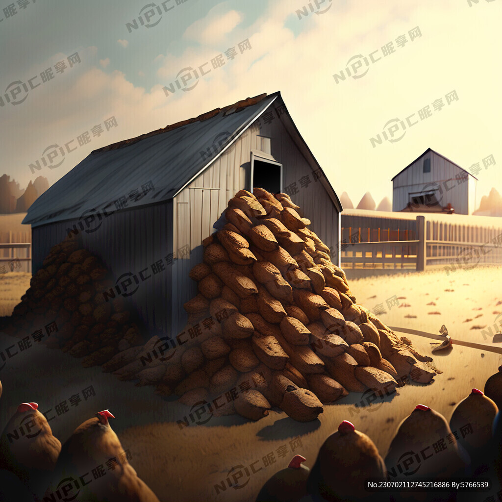 养鸡场 有几堆堆满的粪便