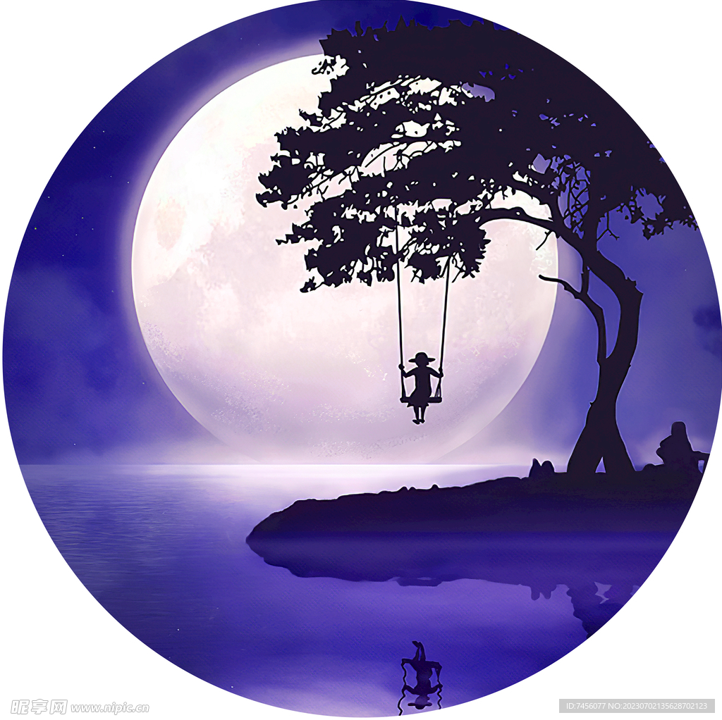 湖畔明月大树圆形挂画装饰画