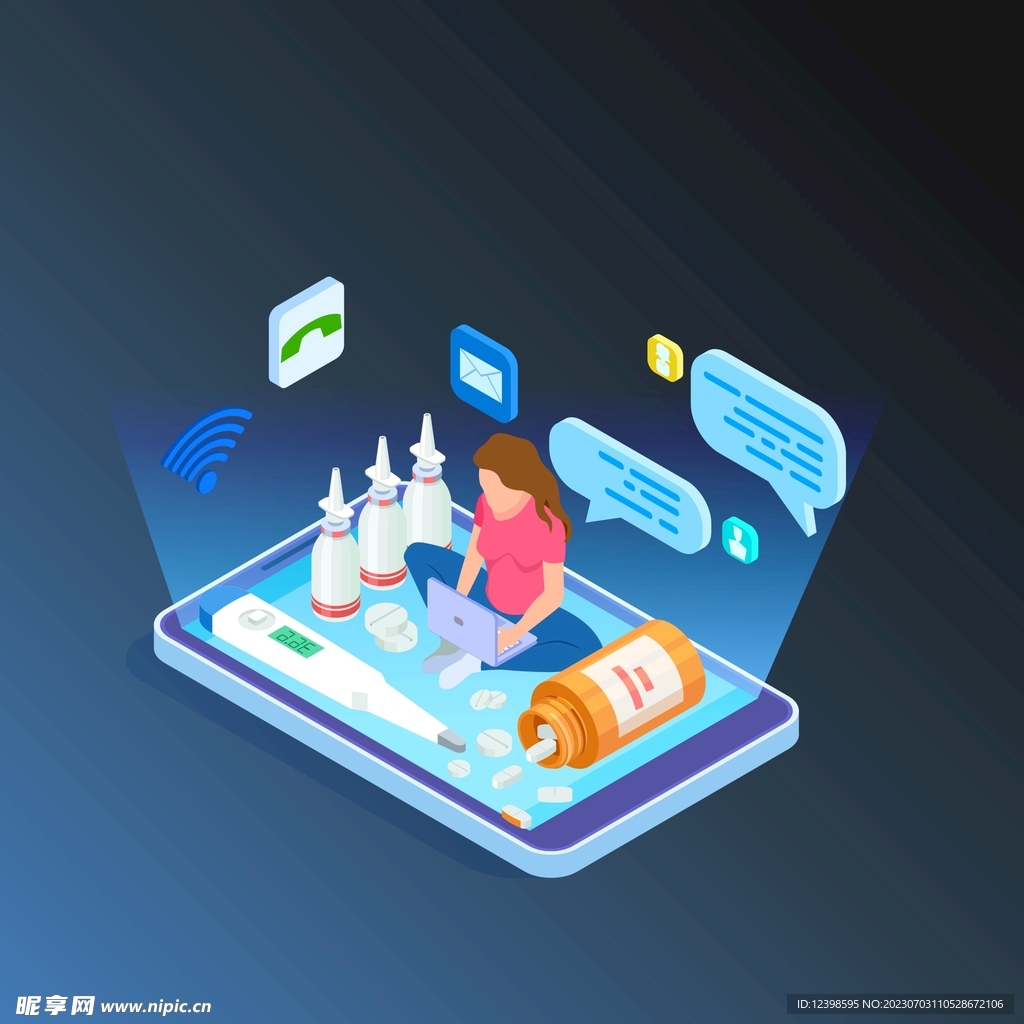 女人用笔记本电脑买药矢量